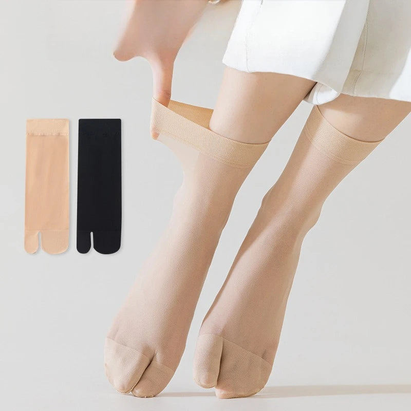 Women's Summer Ultra Thin Toe Socks Sexy Breathable Toe-separated Mid Tube Socks Solid Color Casual Transparent Tabi Silk Socks