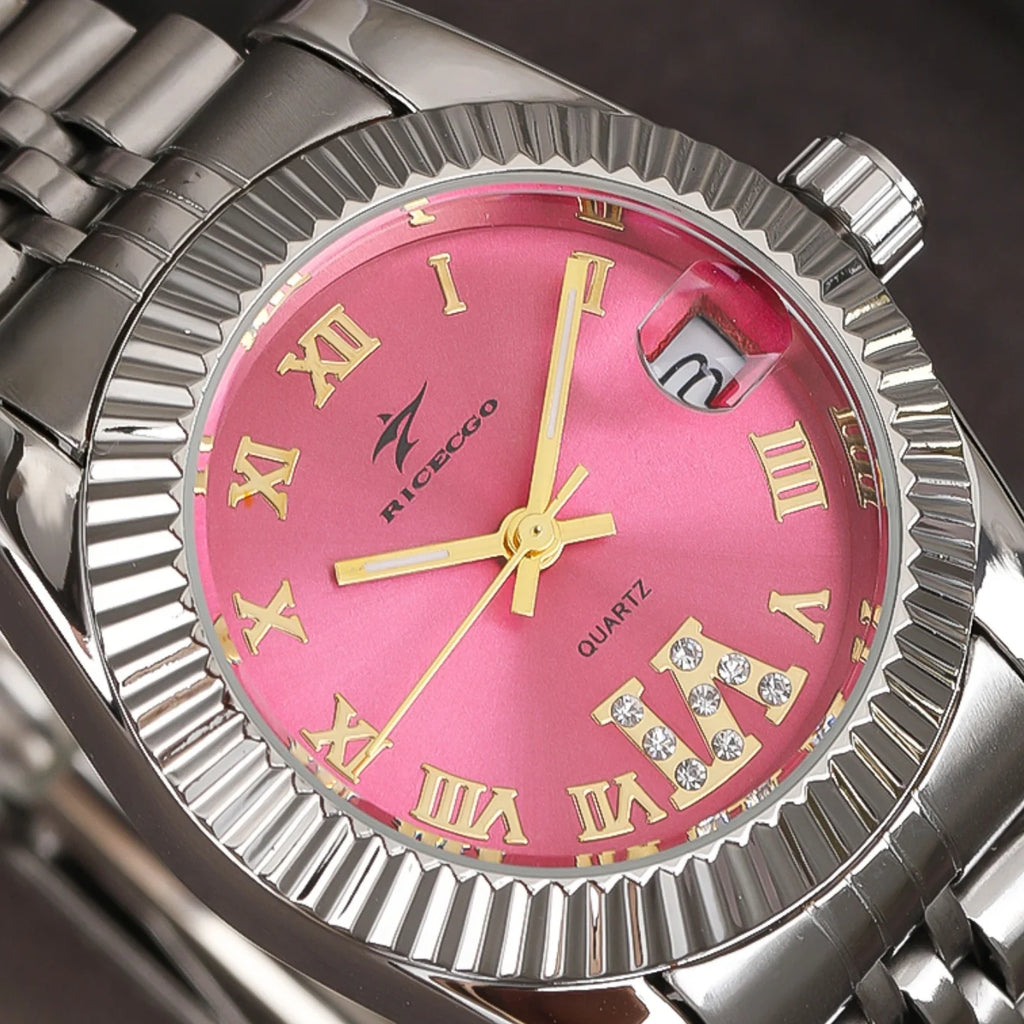 Women Watches Luxury Stainless Steel Business Fashion Classic Elegant Pink Dial Female Clock Bracelet Quartz Wristwatch