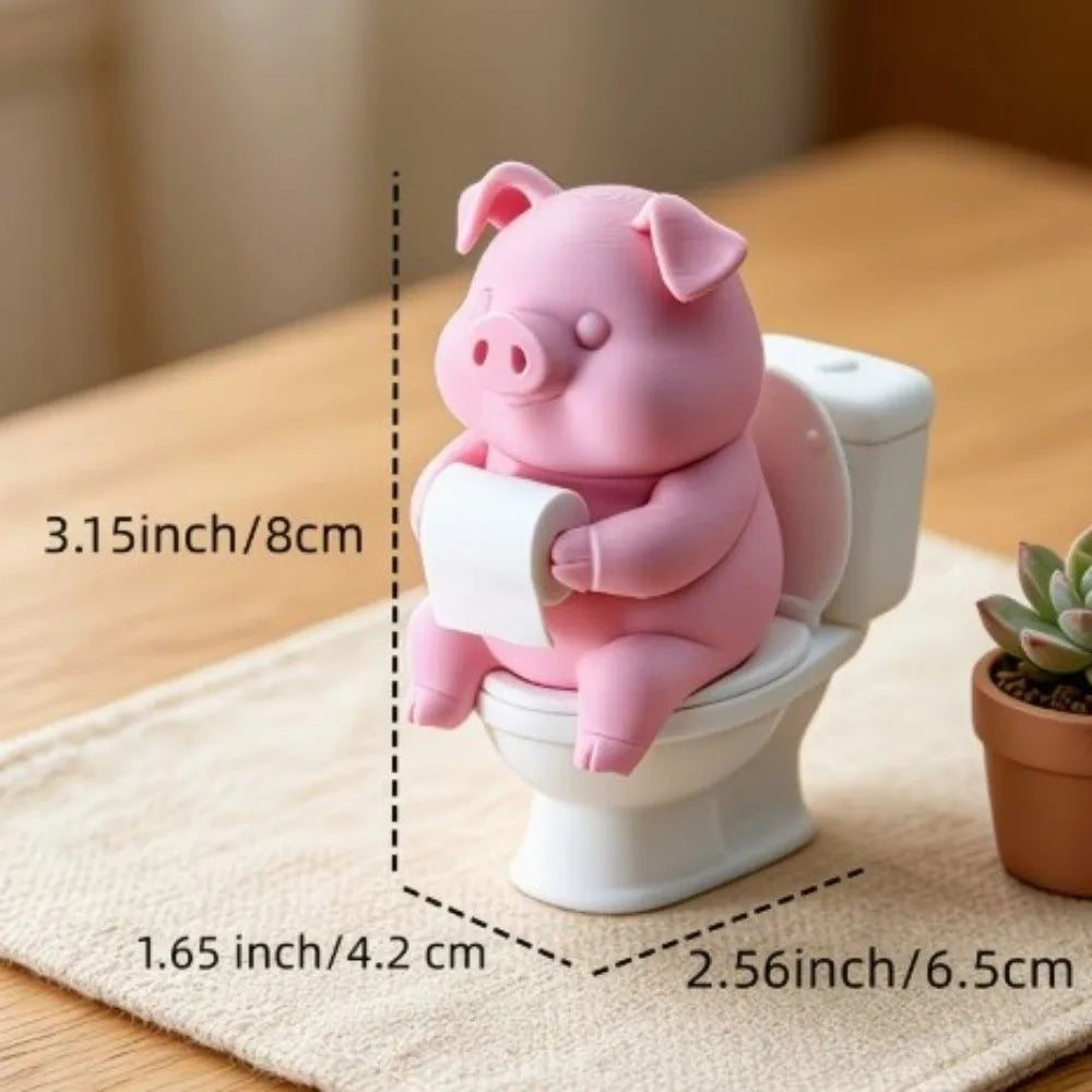 Funny 3D Printed Pig Figurine Cartoon Plastic Pig Sitting on Toilet Wall Mounted Toilet Pig Decoration Desk Shelf