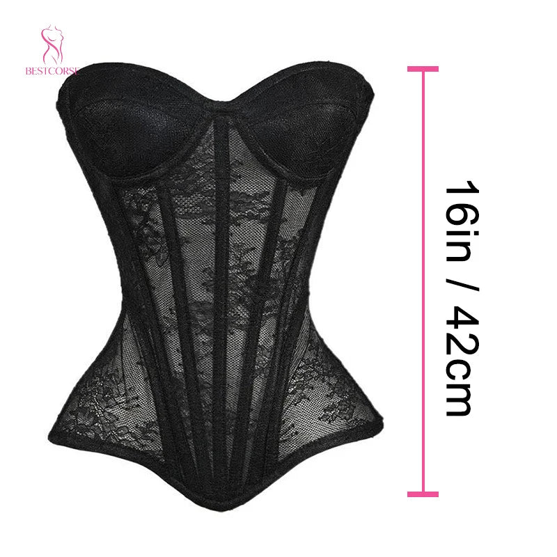 XXS Luxury Victorian Elegant Black Sexy Mesh Corset Tight Extreme Bustier Top With Cup Steel Bone Waist Cincher Sculpting Curve