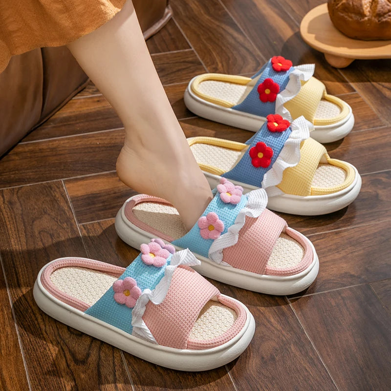 Platform Slippers Women Home Cartoon Cute Flower Designer Shoes Girls Casual House Cotton Linen Slides Flats Indoor Open Toe