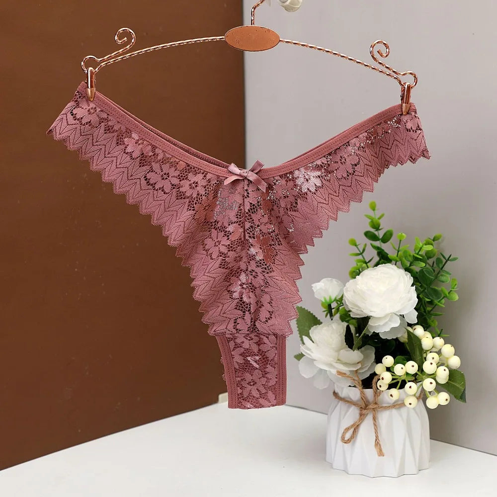 Lingerie Bow Flower Lace Seamless Thong Transparent Panties Underwear for Women Mid Waist Hollow Mesh Lace Briefs Comfortable