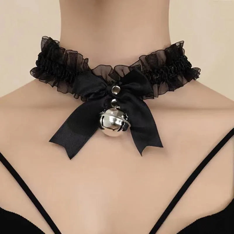Black Lace Choker with Bell Bow Kawaii Lolita Neck Collar Necklaces for Women  Aesthetic Gothic Cosplay Versatile Accessories