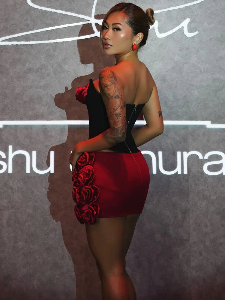 Sexy Two Pieces Set Black Strapless Corset Top with Red Rose Details & Rose - Embellished Mini Skirt Set-Evening & Party Outfit