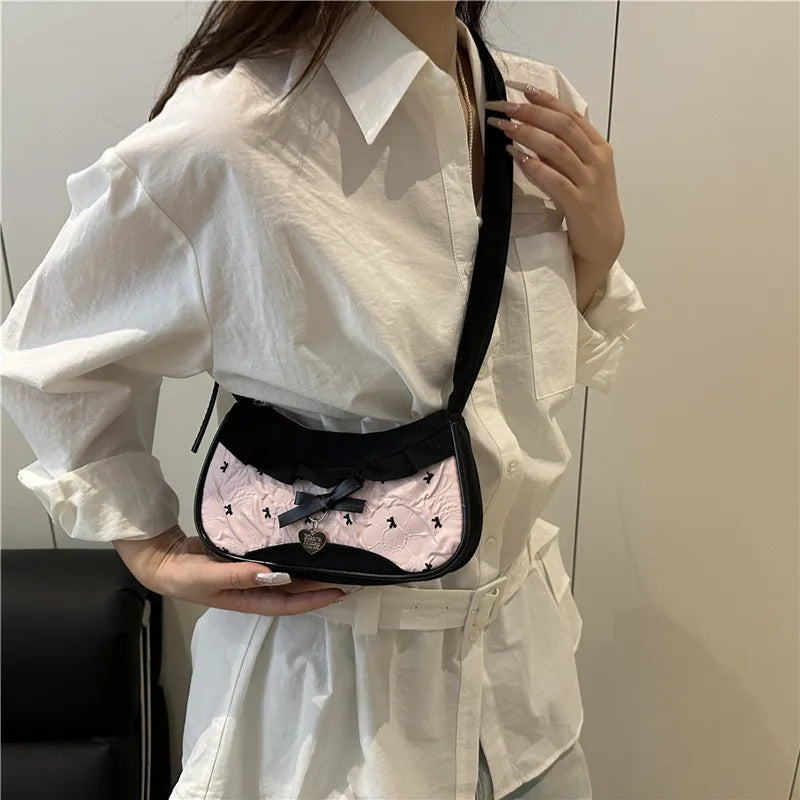 Contrast Lace Bow Pleated Shoulder Bag
