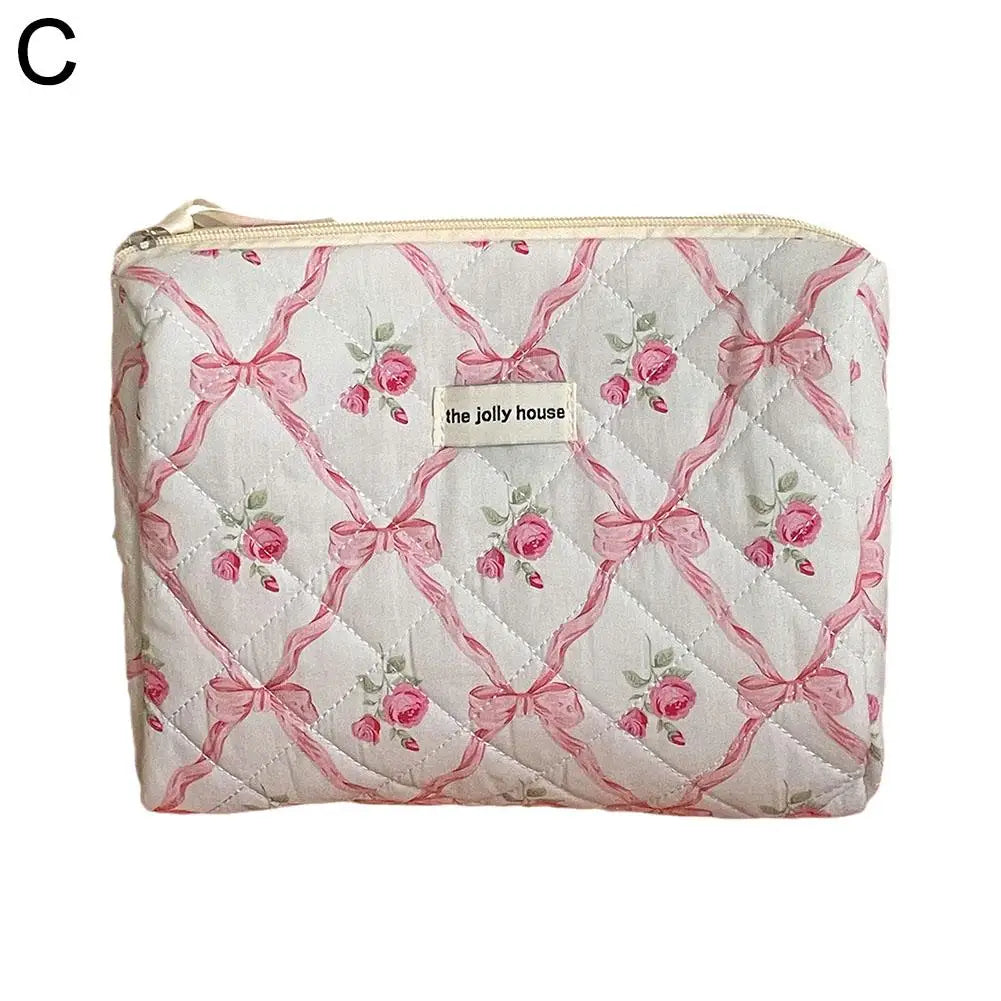 Quilted Bow Floral Makeup Bag
