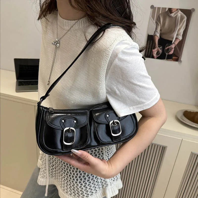 Retro Double-Pocket Faux Leather Shoulder Bag