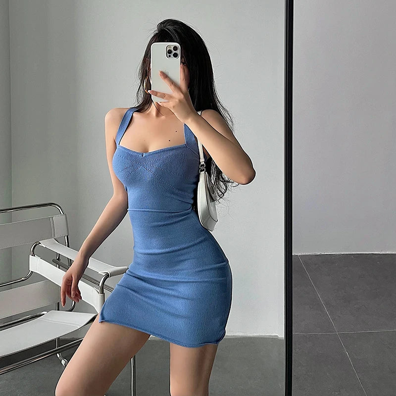 Sexy Tight Cross Back  Dress Knitted Bodycon Skirt Short Skirt Younggirlday Summer No Sleeve Women's Fashion Dress