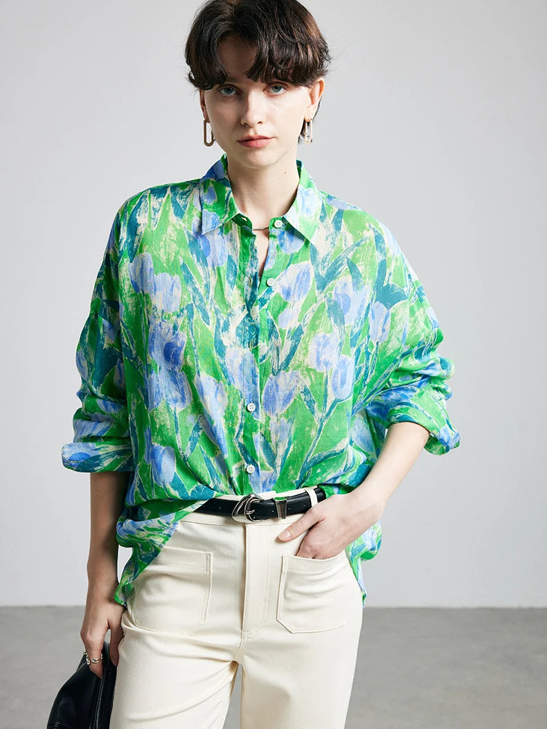 Women's Ramie Printed Turn-Down Collar Shirt