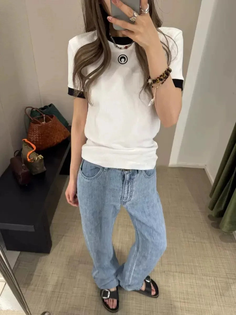 Embroidered Moon Tshirt Women Summer Short Sleeve Round Neck Color Contrast Casual Streetwear Versatile New High Street Tops