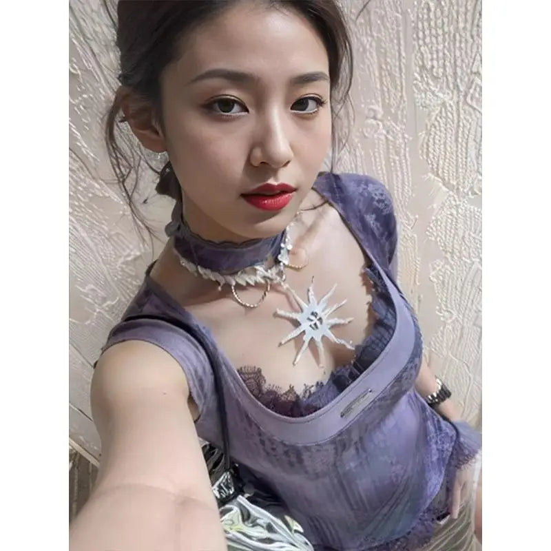 Lace Square-Neck Y2K Short-Sleeve Crop Top