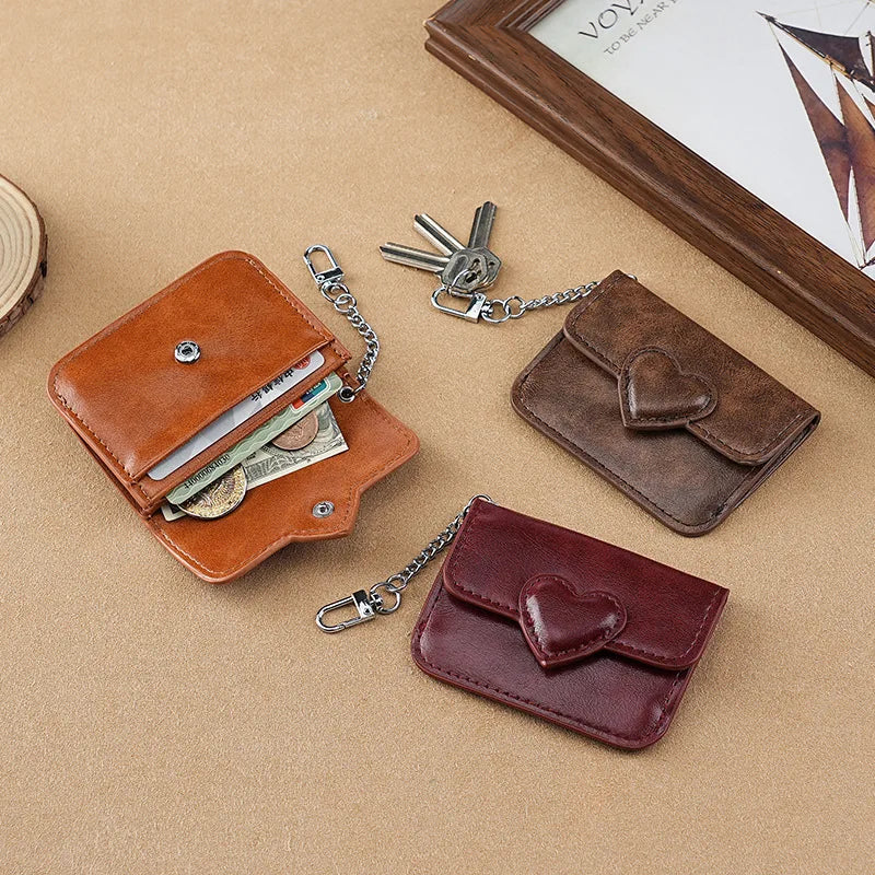 PULeather Card Holder Purse Women Cute Heart Shaped Small Wallet Multi-card Anti-magnetic Card Holder Travel Cash Coin Bag