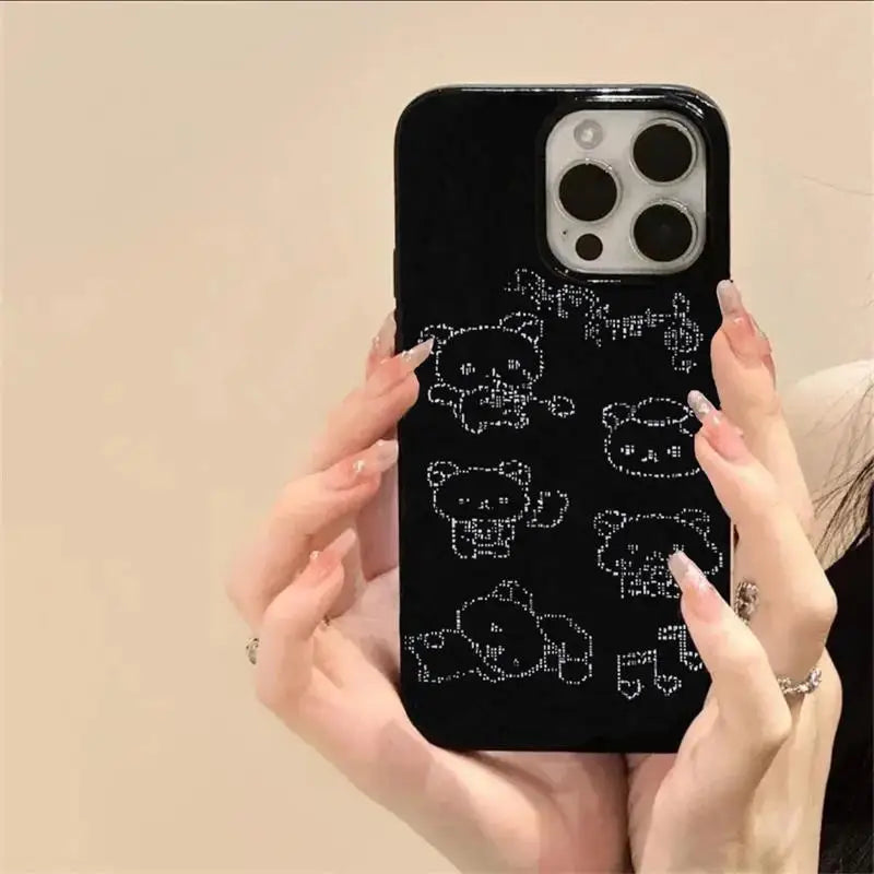 Kawaii Line Bear Black Silicone Phone Case For iPhone 17 16 15 14 13 12 11 Pro Max 7 8 Plus 16e 17Air Shockproof Soft Cover