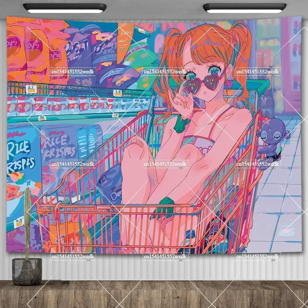 Pink Y2K Anime Girl Wall Tapestry