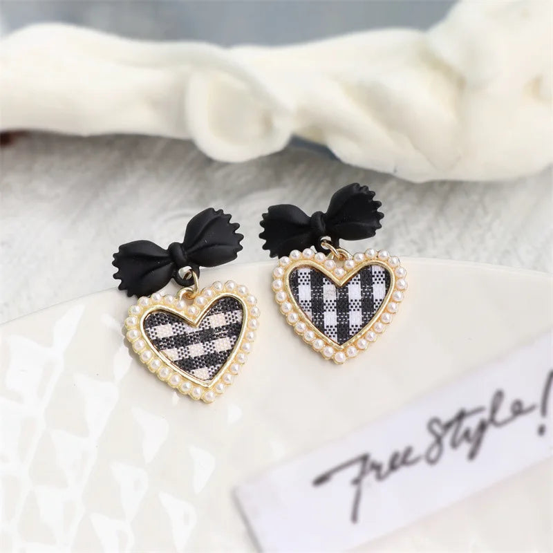 Pink Bow & Plaid Heart Drop Earrings