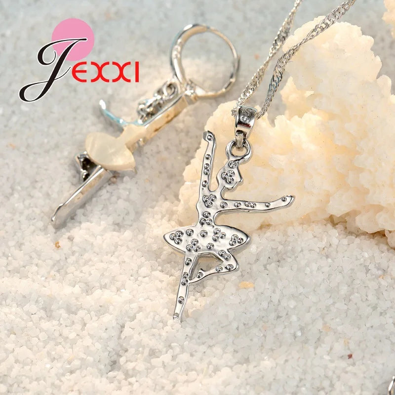 White Dancing Ballet Girls Jewelry Set Genuine 925 Sterling Silver Pendant Necklace/Earring Sets for Women Wedding Gifts