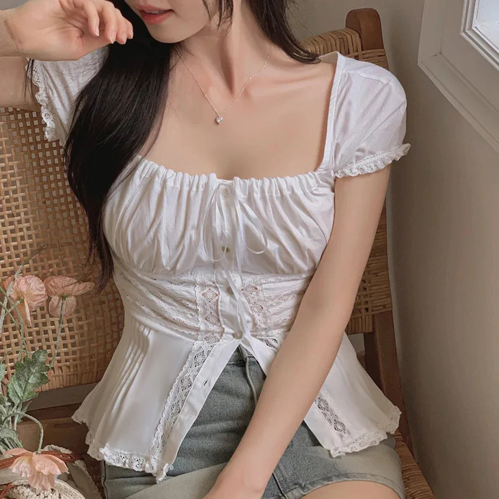 Fairycore Square-Neck Lace Puff-Sleeve Crop Top