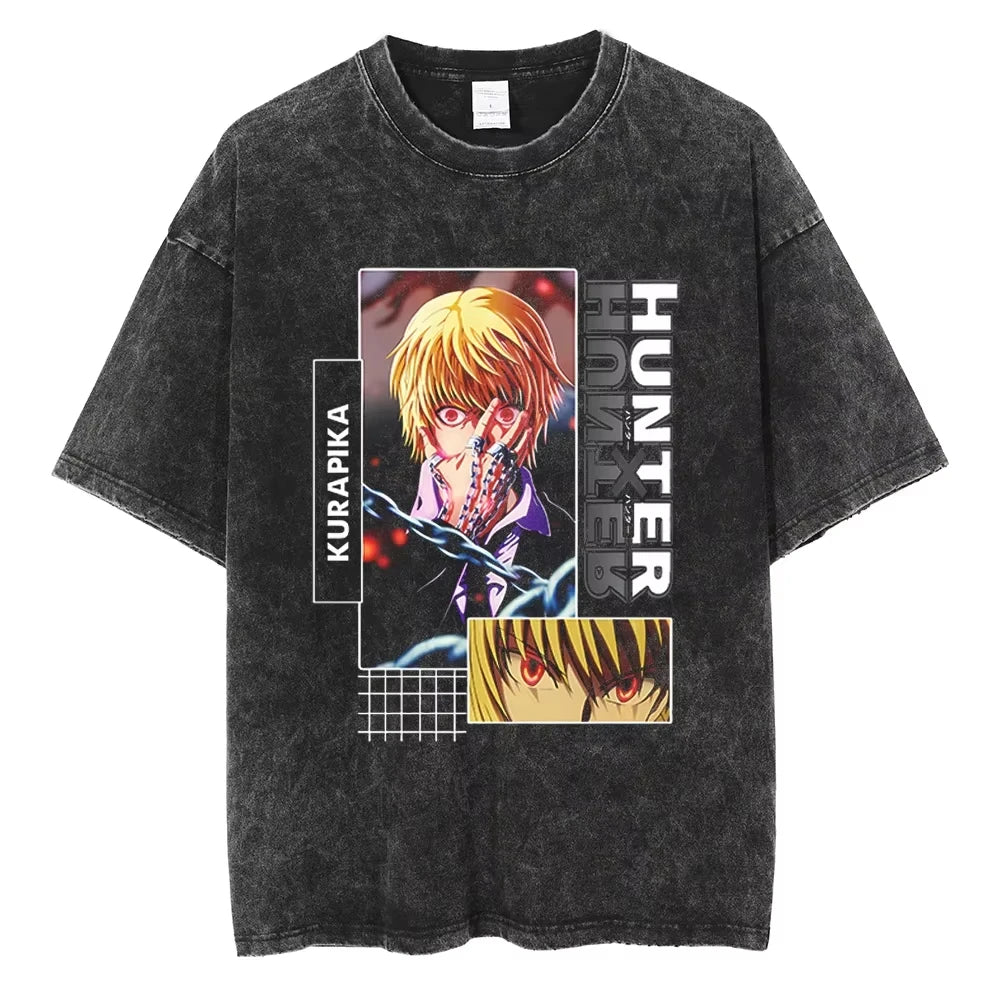 HUNTER×HUNTER T Shirt Kurapika Manga Tshirt Men Women Hip Hop Washed Cotton T-shirt Clothing Summer Short Sleeve Tees Streetwear