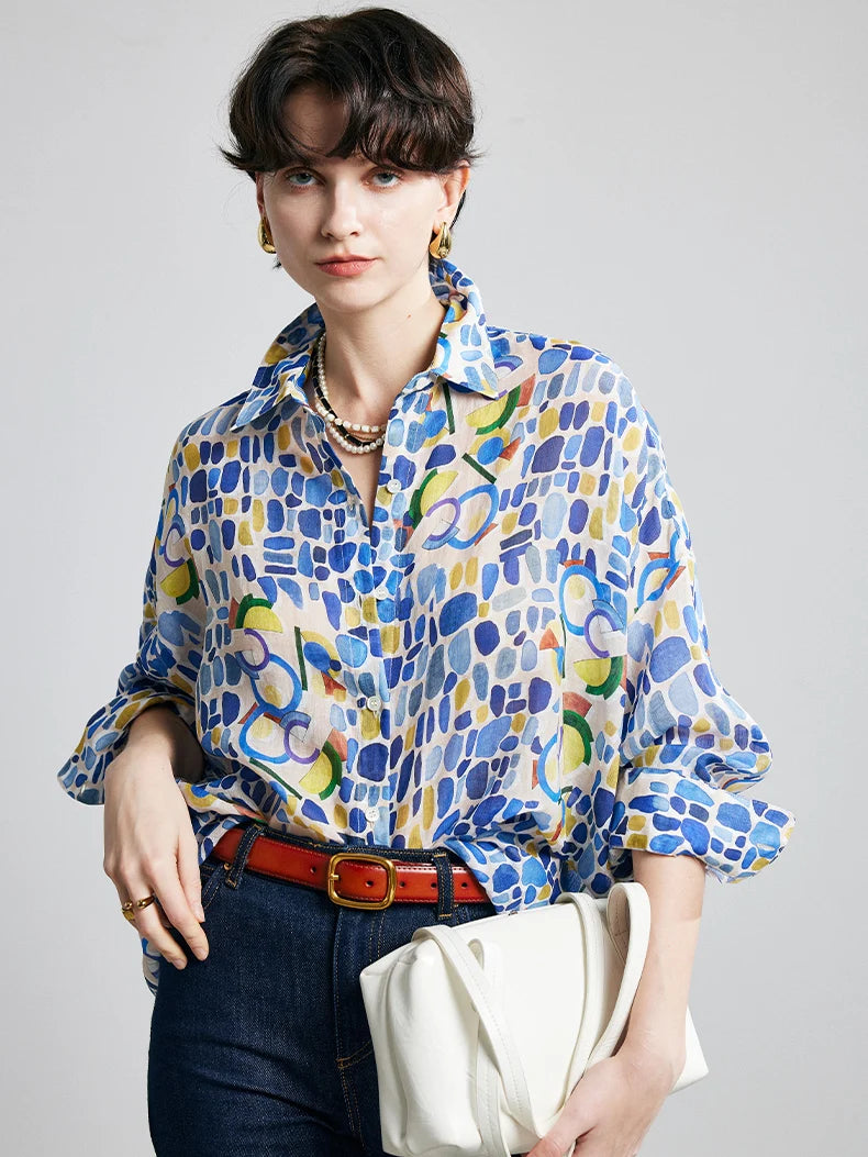 Women's Ramie Printed Turn-Down Collar Shirt