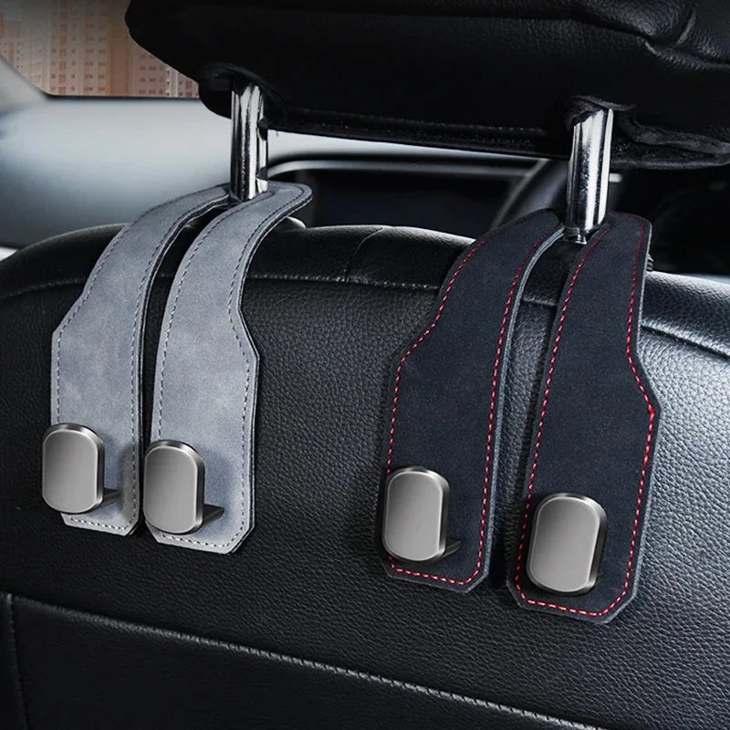 Car Interior Storage Hook, Suede Leather Metal Strap Hanger, Rear Seat Headrest Organizer with Drill, Durable Car Accessories