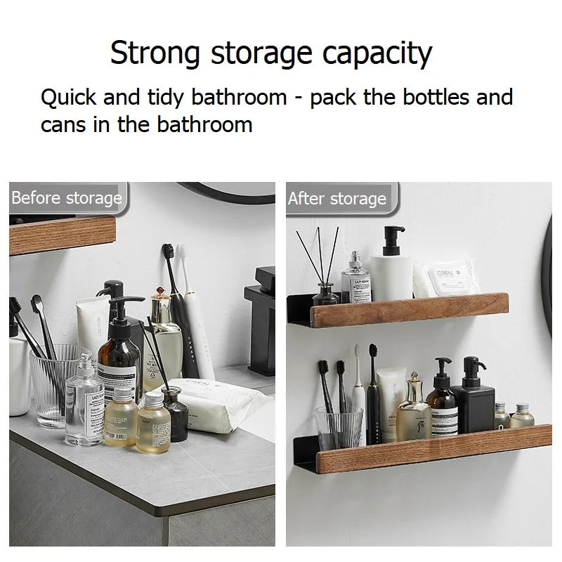 Bathroom Shelf No Drill Organizer Shower Storage Rack Solid Wood Corner Shelves Wall Mounted Toilet Shampoo Holder
