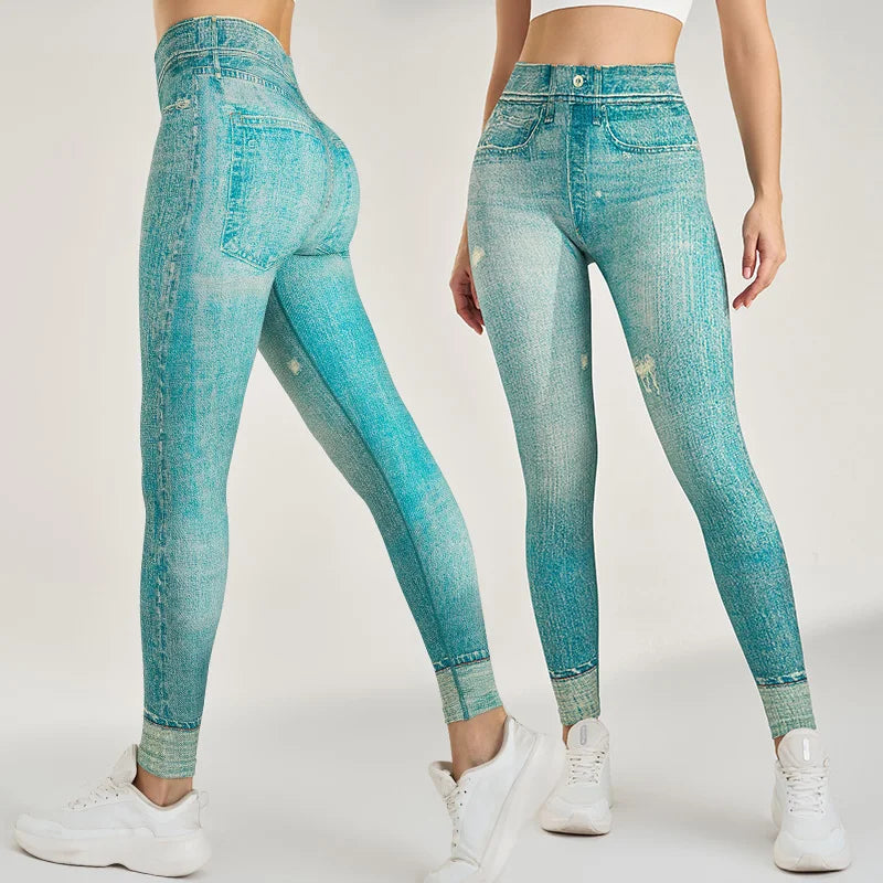 Yoga leggings Tight hip lift soft thick seamless knit fake denim stretch fitness pants Casual pencil pants imitation jeans