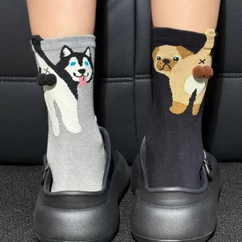 1/2Pair Cartoon Cute Dog Egg Cotton Socks Kawaii Women Lolita Knitting Middle Tube Socks Cat Butt Print Cat Balls Couple Sock