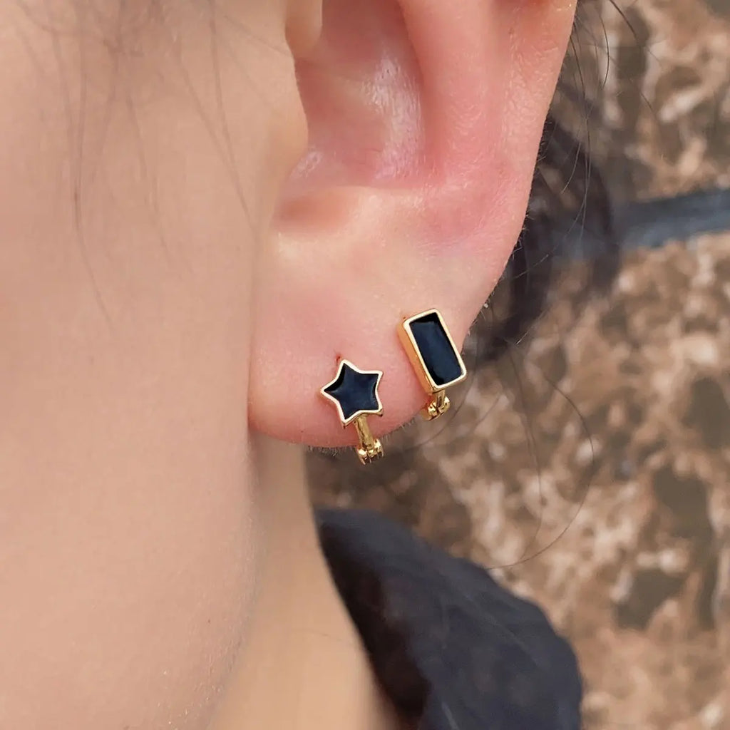 Black Enamel Heart & Star Huggie Earrings