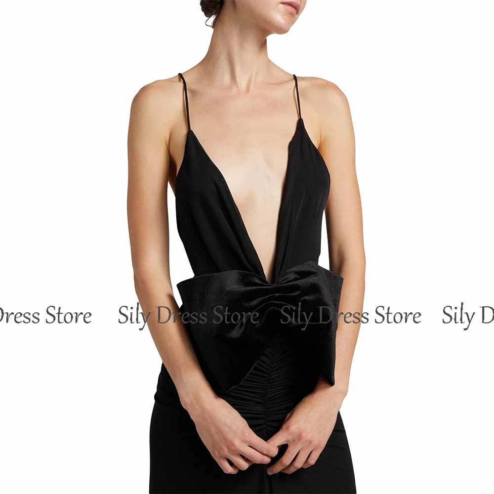 2025 Sexy Evening Dresses Spandex Sheath/Column Party Dress Black Spaghetti Strap Bow Backless Special Occasion Dress Long