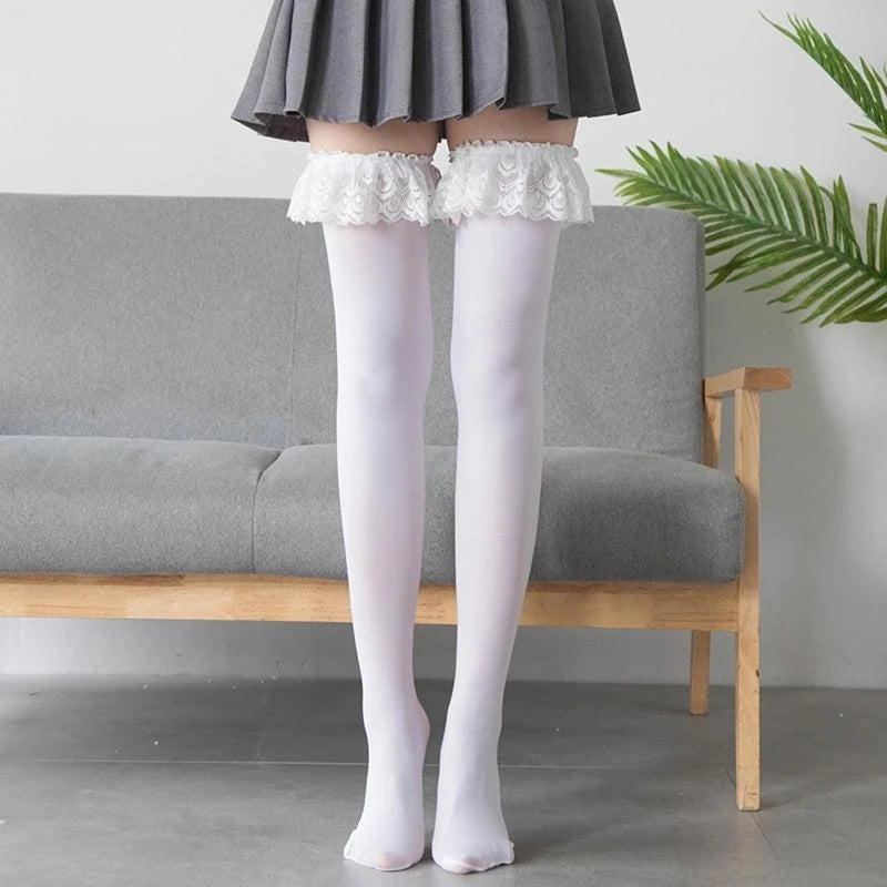 Women Thigh High Socks Lace Patchwork Over Knee Stockings 15UB