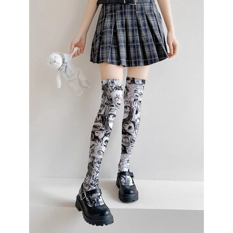 Ahegao Meme Anime Face Print Cute Kawaii Thigh High Socks Over Knee Soft Elastic Velvet Lolita Cosplay Socks Gift For Anime Fans