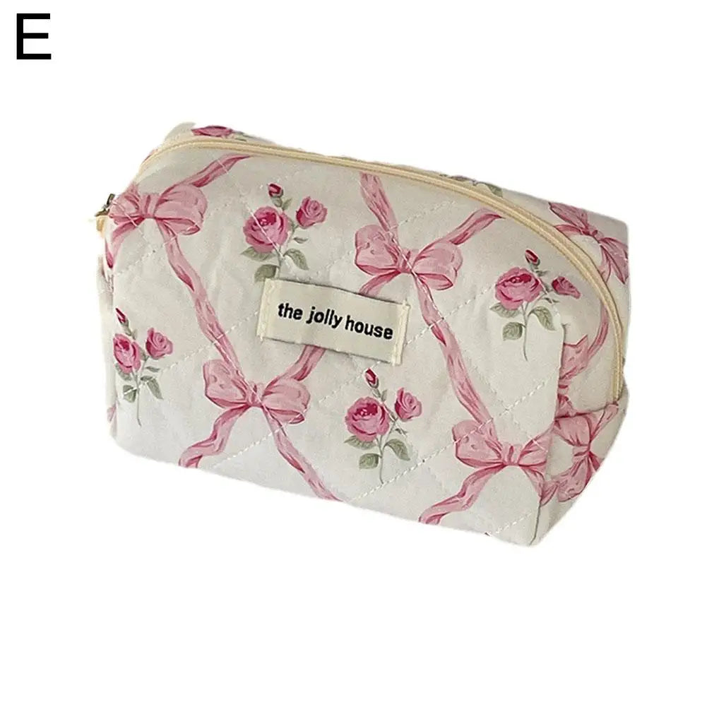 Quilted Bow Floral Makeup Bag