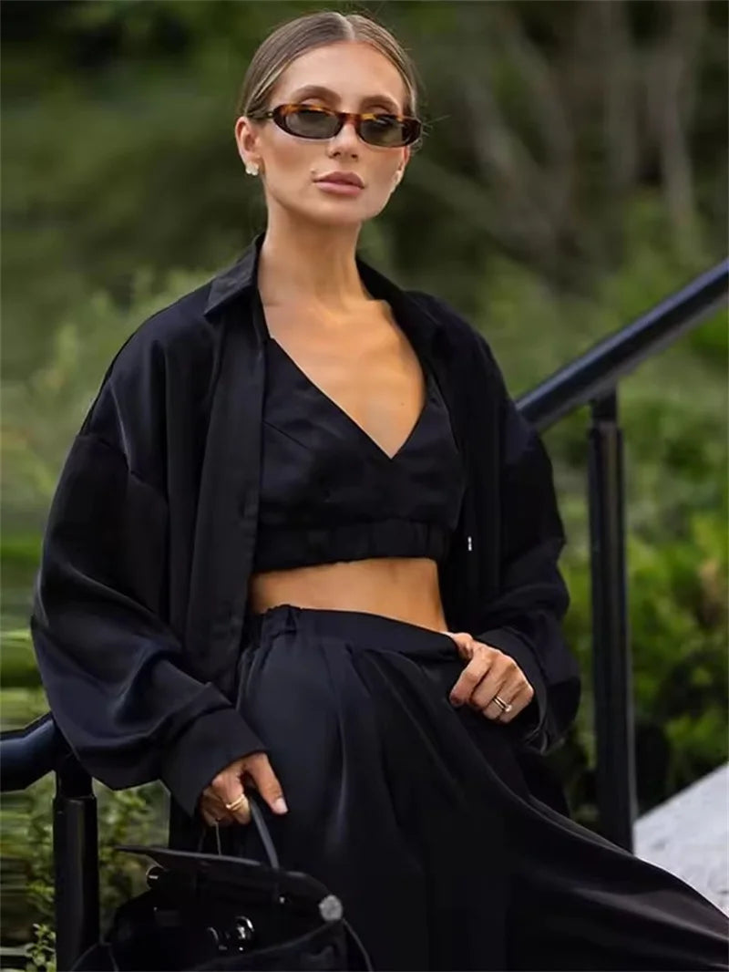 Sexy Loose Silk 3 Piece Sets Women Outfit 2025 Fashion Long Sleeve Shirts Bra With High Waist Wide Pants Set Lady