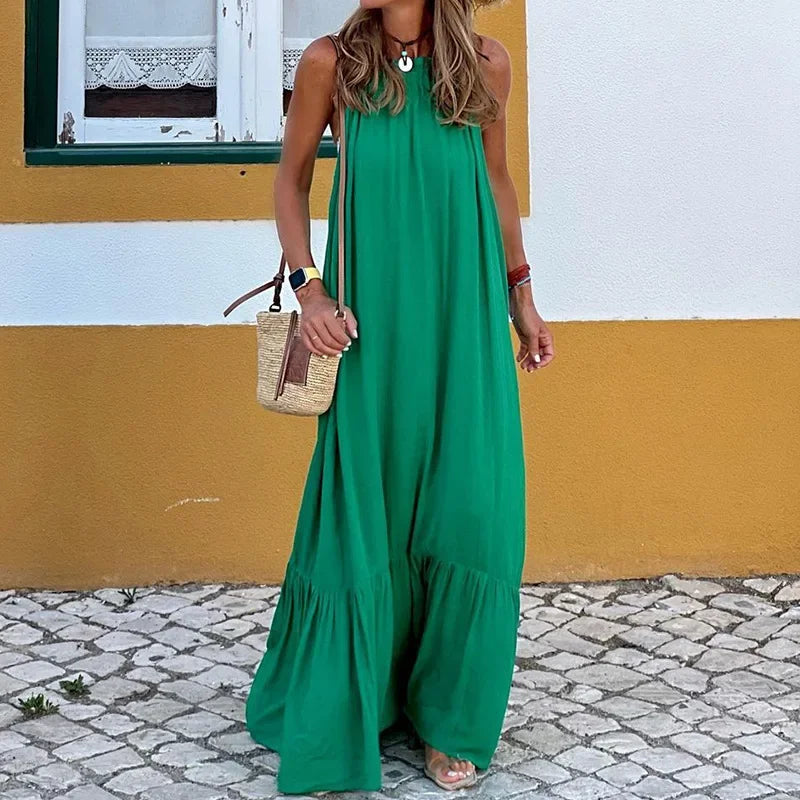 Summer New Dress for Women Sexy Solid Strap Dress Loose Backless Big Swing Beach Dresses Holiday Dresses for Women Wedding Guest