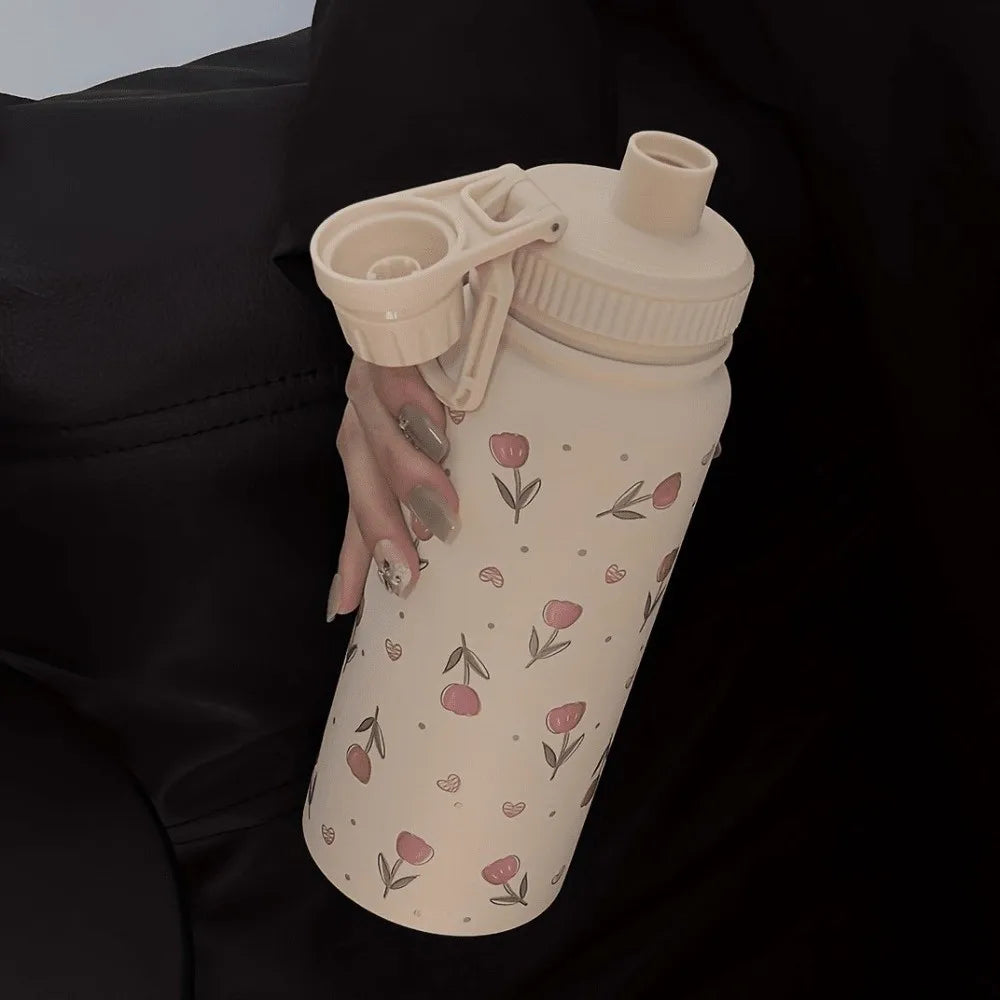 Tulip Pattern Insulated Water Bottle Vacuum Sealed Durable Tumbler Water Cup Eco-Friendly with Handle