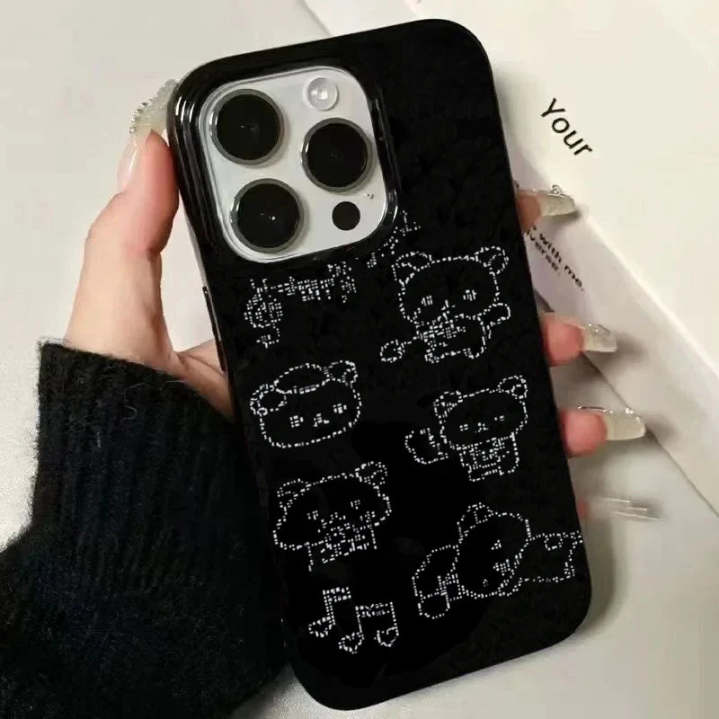 Kawaii Line Bear Black Silicone Phone Case For iPhone 17 16 15 14 13 12 11 Pro Max 7 8 Plus 16e 17Air Shockproof Soft Cover