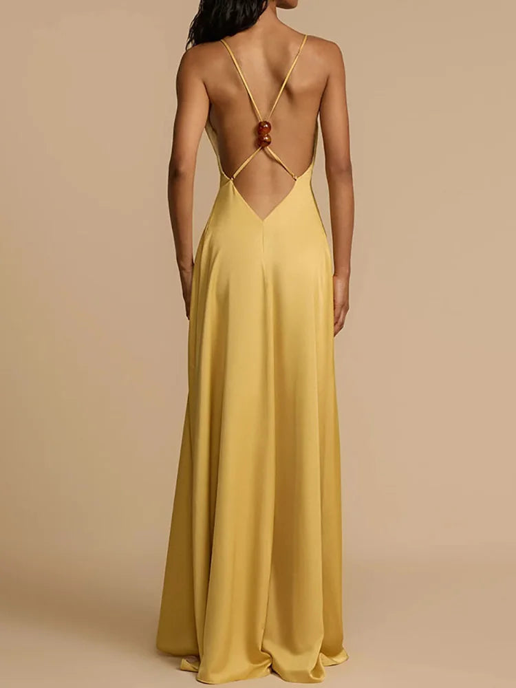 Summer Casual Dresses Elegant Ladies 2025 Sexy Deep Backless Women Slim Party Dress Sleeveless Vintage Solid Maxi Dress Vestidos