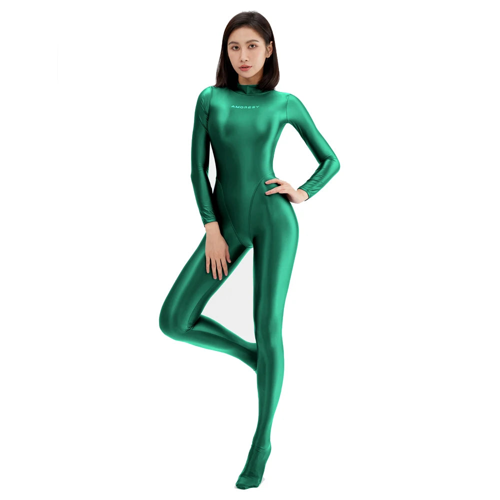 Women's Glossy Long-Sleeve Full-Length Jumpsuit