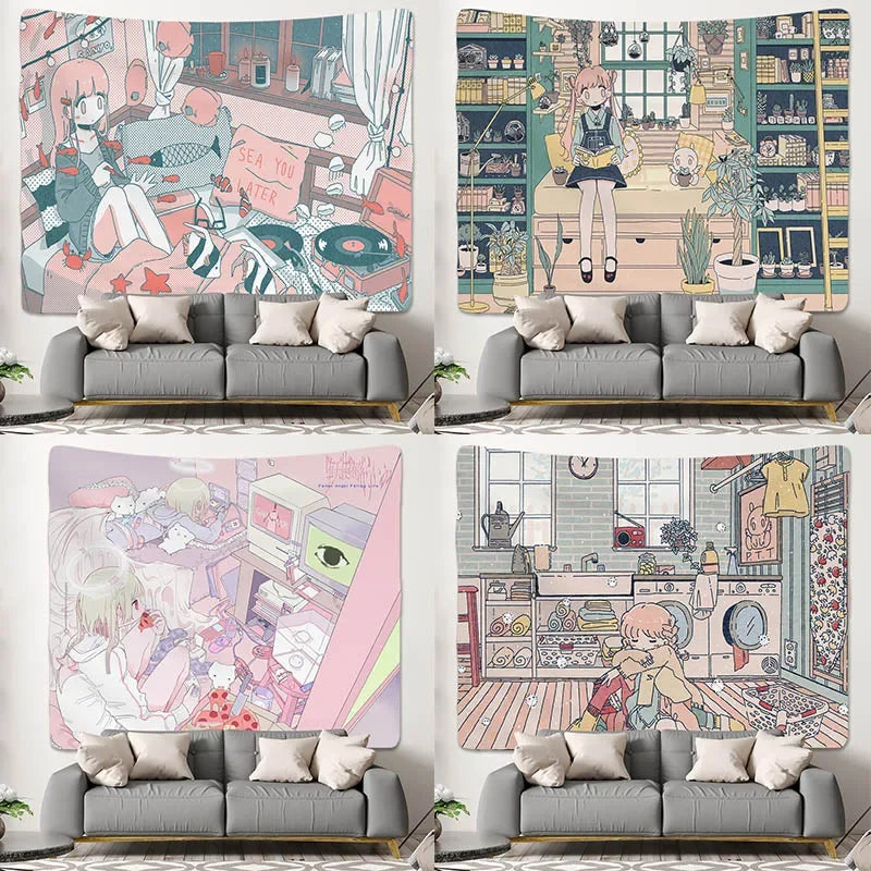 Pink Kawaii Anime Girl Wall Tapestry