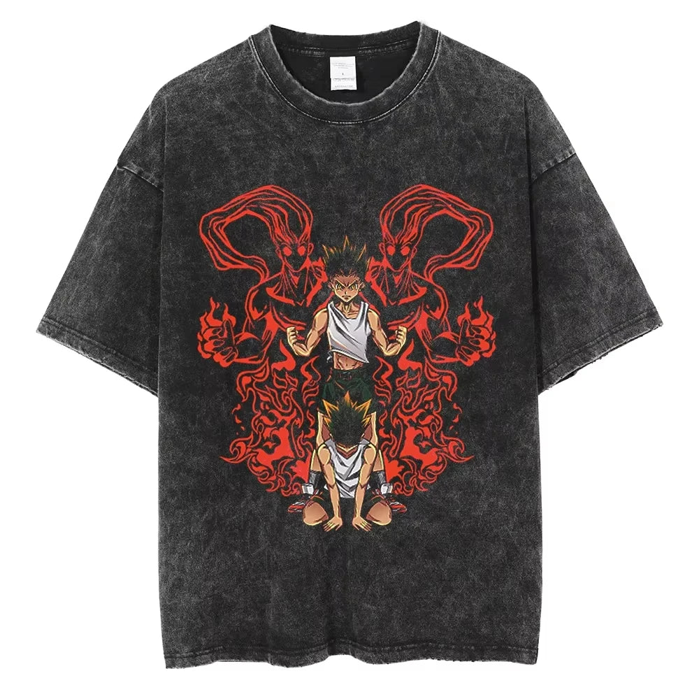 HUNTER×HUNTER T Shirt Kurapika Manga Tshirt Men Women Hip Hop Washed Cotton T-shirt Clothing Summer Short Sleeve Tees Streetwear