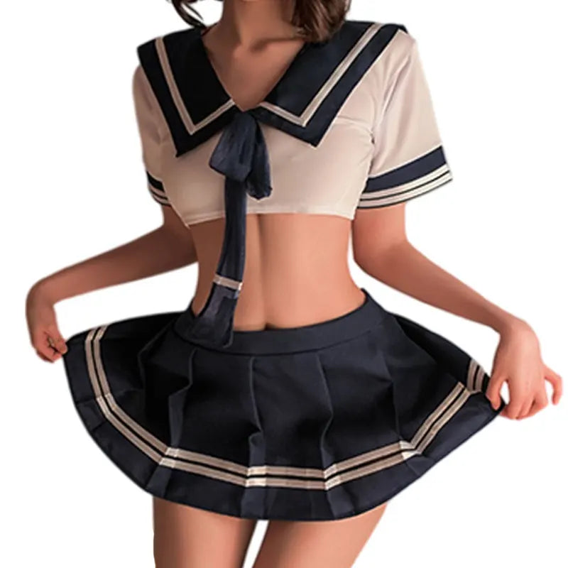 Erotic Anime Student Costume Hot Girls Sexy Set Low Waist JK Pleated Skirt Midriff-baring Transparent Top Exotic Woman Uniform