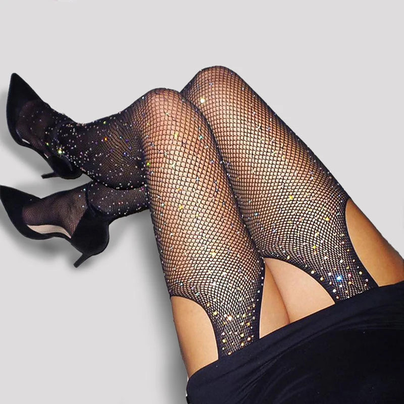 Women Thigh High Hollow Out Pantyhose Hosiery Sexy Comfort Fishnet Shining Stockings Bling With Diamonds Lingerie Erotic Tights