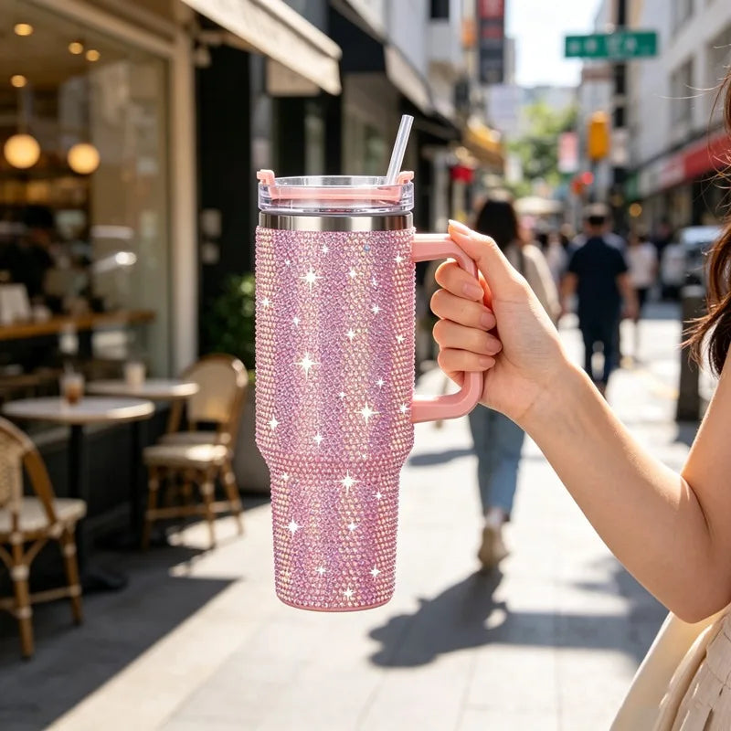 Iridescent White Bling Rhinestone Tumbler with Handle & Straw Vacuum Insulated Stainless Steel Water Cup for Women Travel Gift