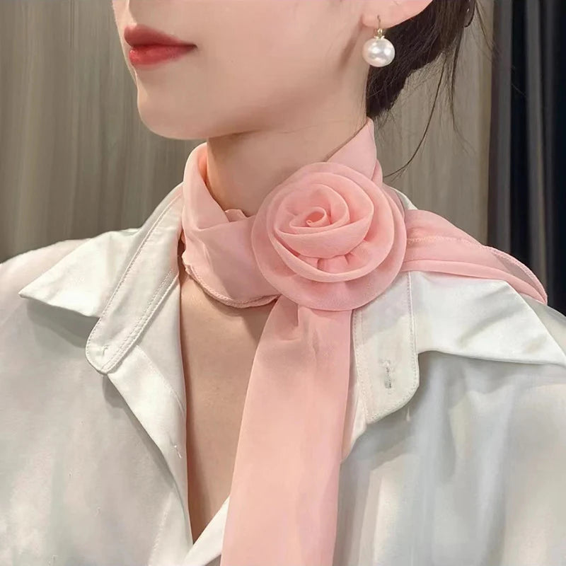 Women's Rose Print Silk Scarf & Ribbon Tie