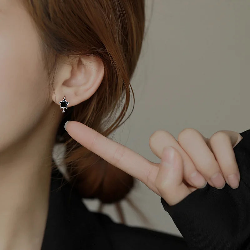 Black Enamel Heart & Star Huggie Earrings