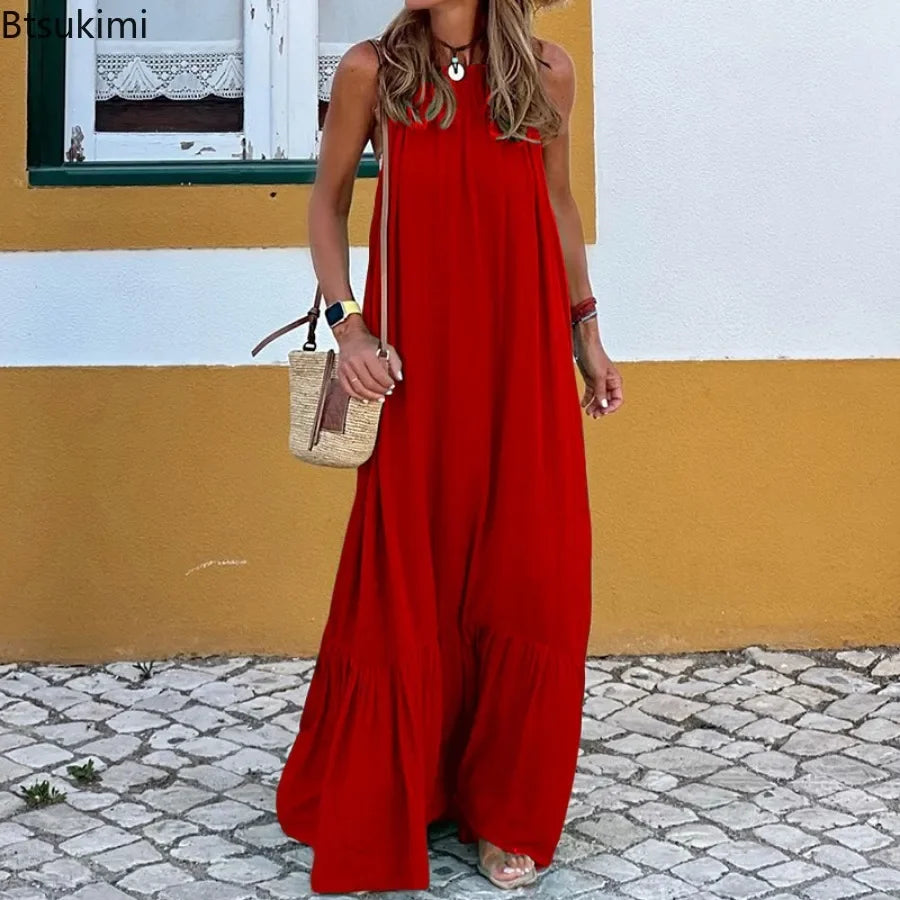 Summer New Dress for Women Sexy Solid Strap Dress Loose Backless Big Swing Beach Dresses Holiday Dresses for Women Wedding Guest
