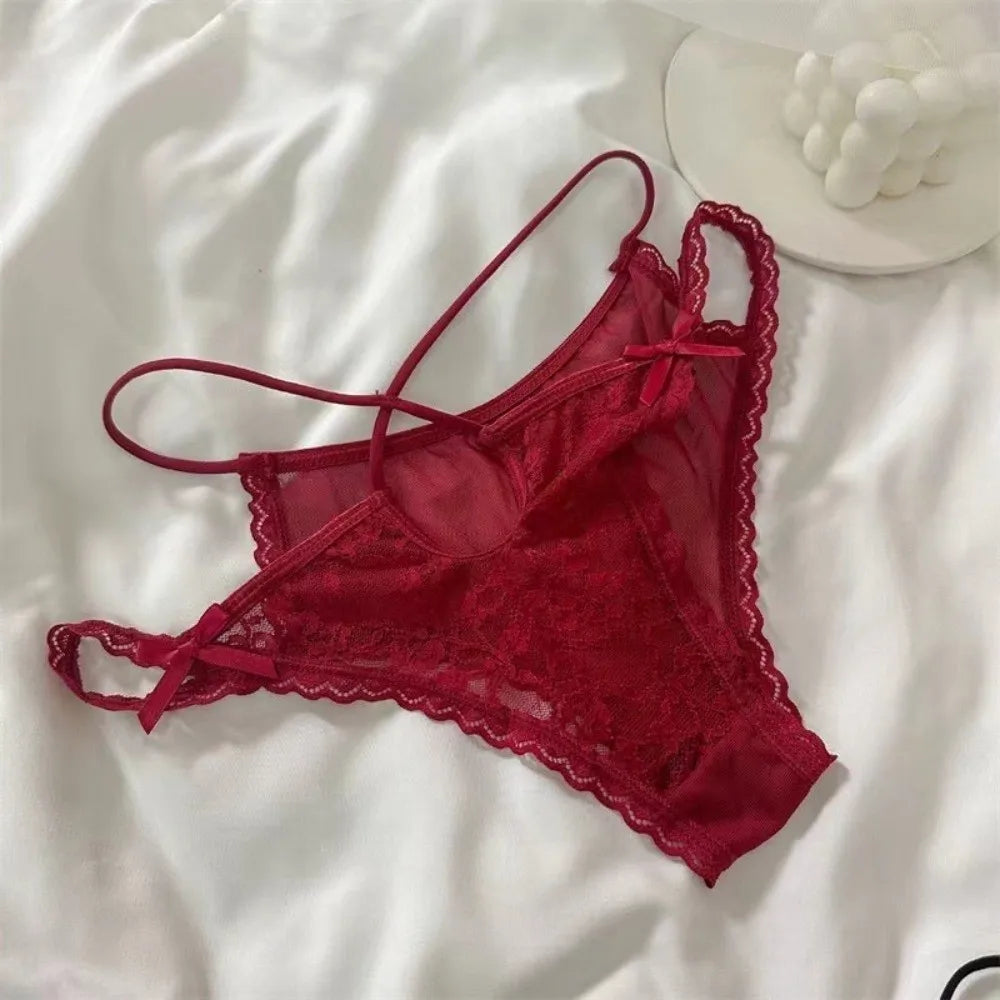 Lingerie Bow Lace Flower Panties Low Waist Hollow Lace Mesh Briefs Thin Strap Transparent Women Underwear Lady