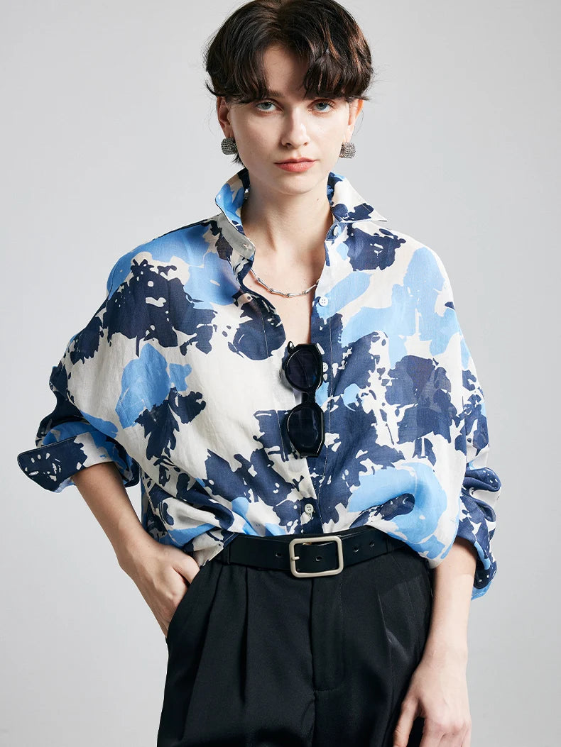 Women's Ramie Printed Turn-Down Collar Shirt
