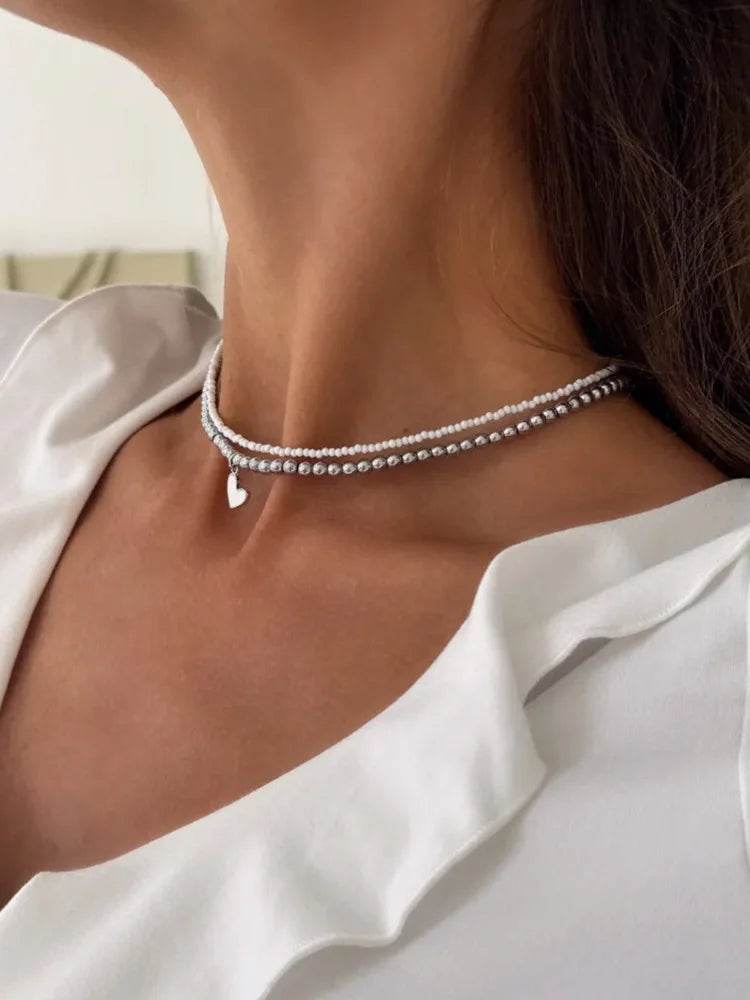 2-Piece Heart Bead Choker Necklace Set