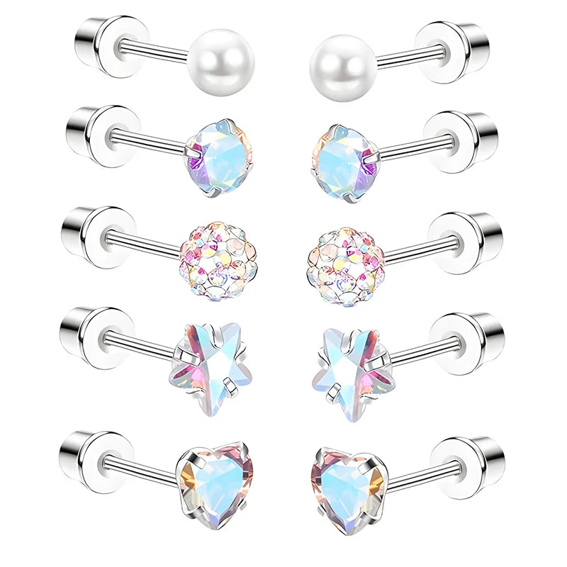 5-Pair Pink Heart & Star Stud Earring Set